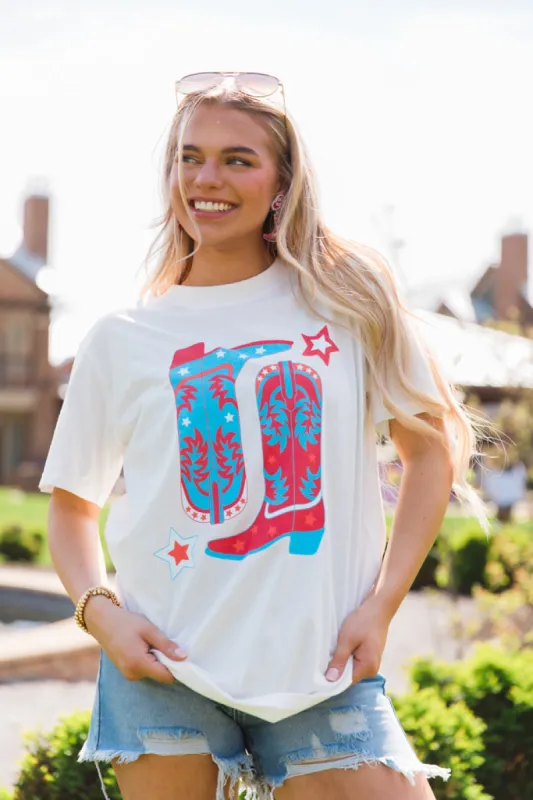 Red White and Boots White Graphic Tee sold by Pink Lily
