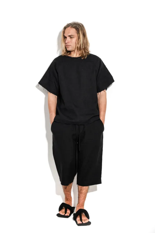 Linen T-shirt with textured sleeves sold by MDNT:45