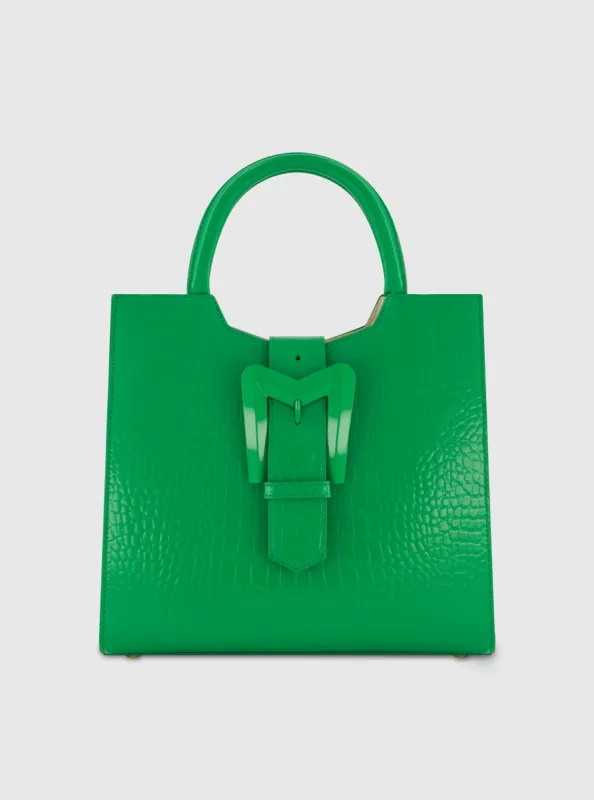 Green Buckled Medium Croco Leather Tote Bag with Detachable Strap sold by Mac Duggal