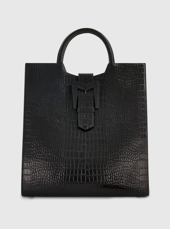 Black Buckled Maxi Croco Leather Tote Bag sold by Mac Duggal