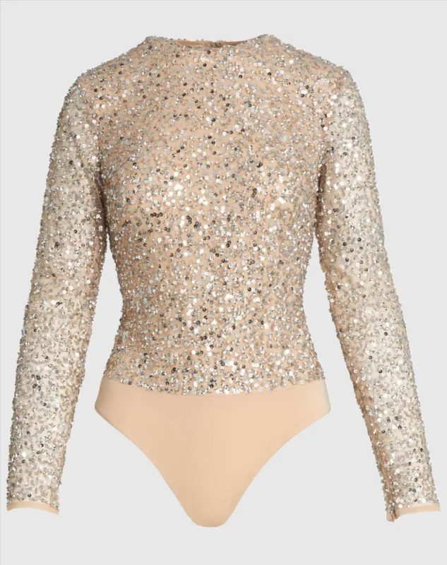 Nude Bodysuit w/ Sheer Sleeves and Silver Sequins sold by Mac Duggal