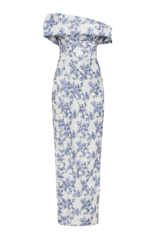 Blue Hydrangea off-shoulder satin dress sold by Milla