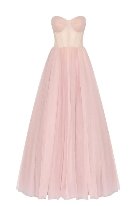 Misty Rose Tulle Maxi Dress with a Corset Bustier sold by Milla