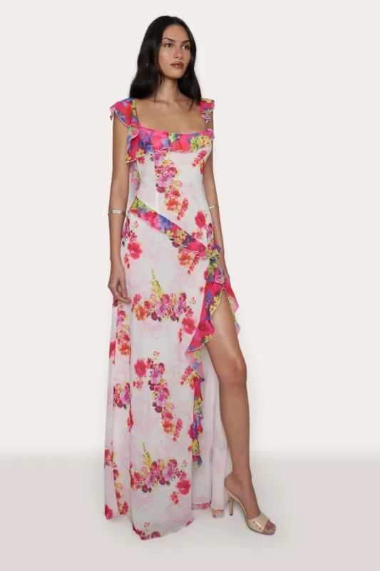 Avila Printed Ruffle Gown sold by Guizio