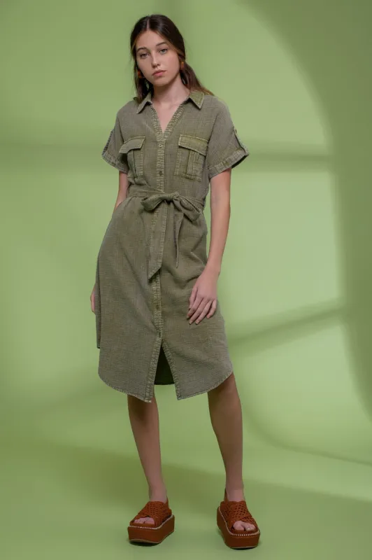 Dark Olive Washed Button Down Belted Midi Dress sold by Pinkblush