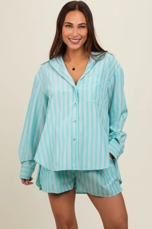 Aqua Striped Button Down Top and Short Maternity Set sold by Pinkblush