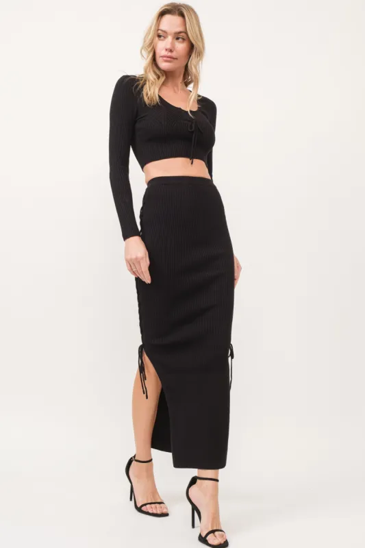 Black Knitted Lace Up Long Sleeves Top And Skirt Set sold by Pinkblush