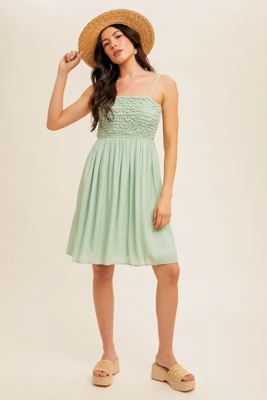 Light Olive Textured Smocked Dress sold by Pinkblush