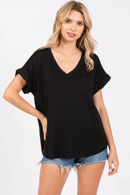Black V-Neck Pocket Short Sleeve Shirt sold by Pinkblush