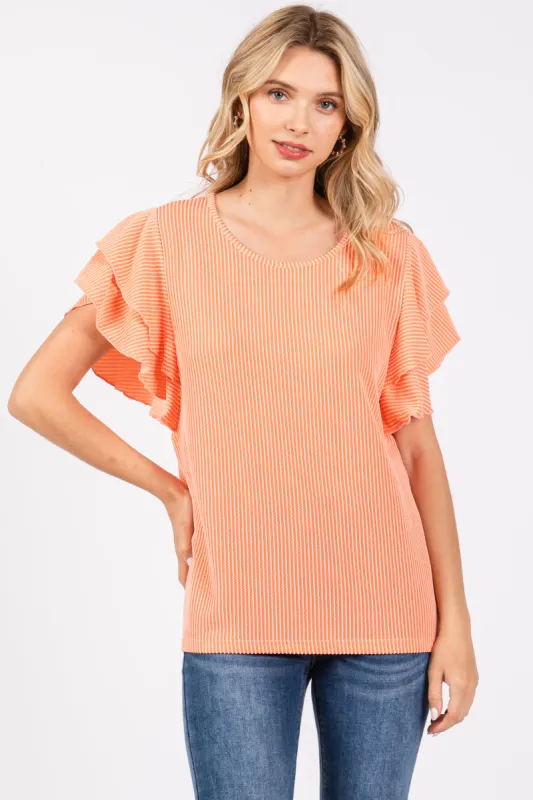 Orange Ruffle Sleeve Ribbed Top sold by Pinkblush