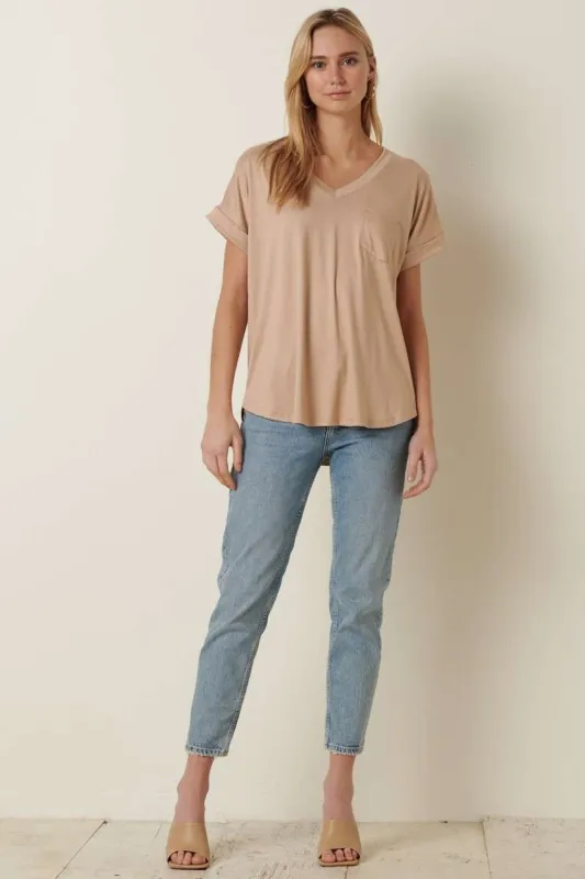 Beige V-Neck Pocket Short Sleeve Shirt sold by Pinkblush