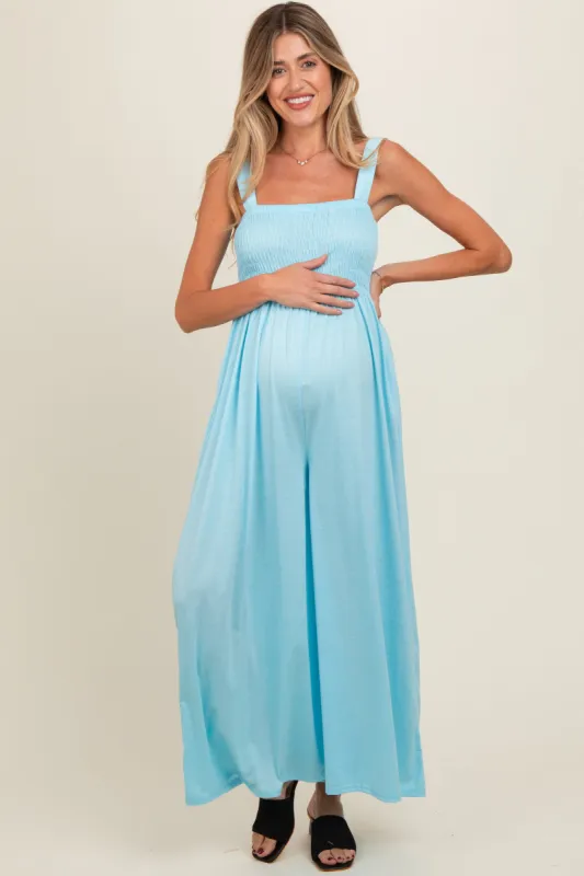 Blue Smocked Wide Leg Maternity Jumpsuit sold by Pinkblush
