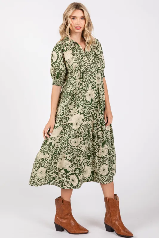 Olive Floral Collared Tiered Midi Dress sold by Pinkblush
