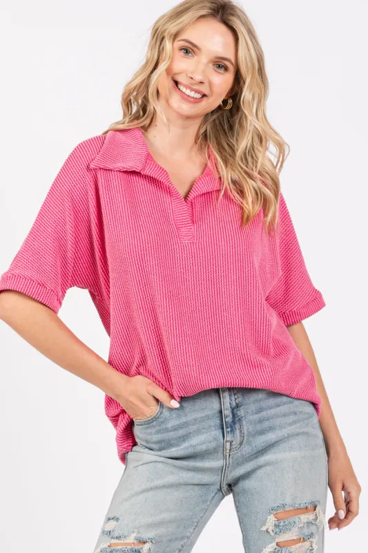 Fuchsia Ribbed Collared Top sold by Pinkblush