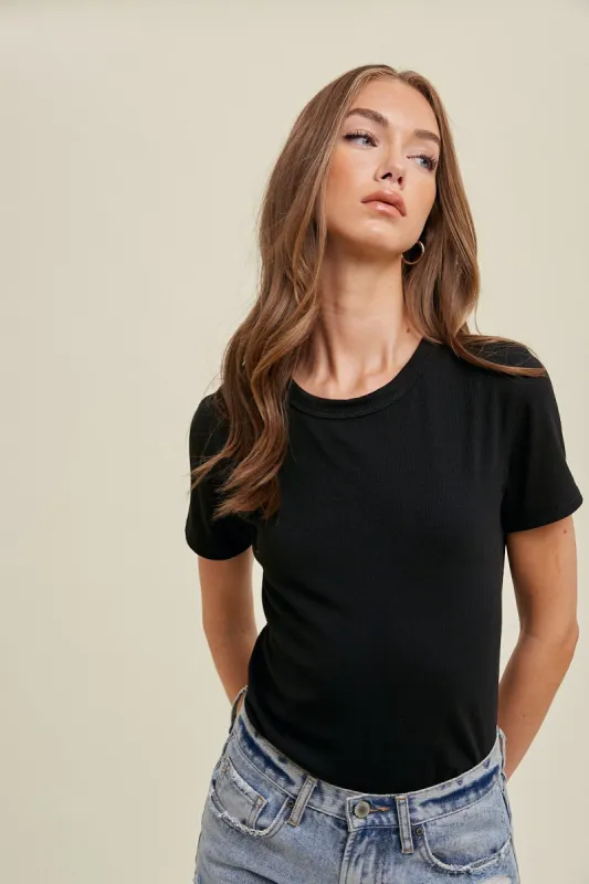Black Ribbed Short Sleeve Curved Hem Top sold by Pinkblush