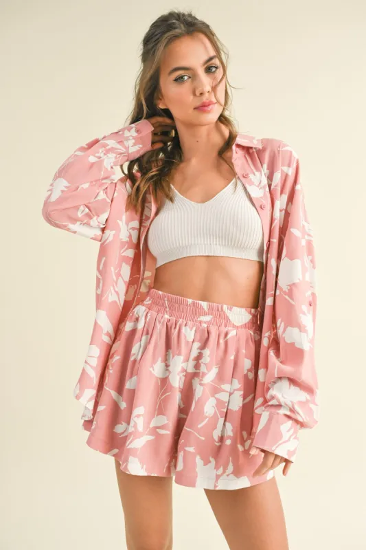 Mauve Floral Button Up Long Sleeve Short Set sold by Pinkblush