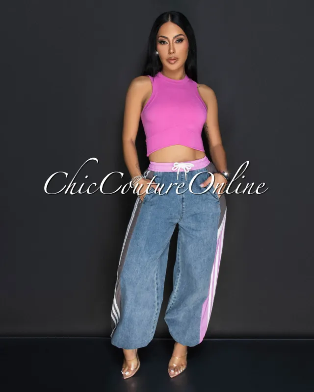 Rorey Pink Grey Denim Sporty Joggers Pants sold by Chic Couture