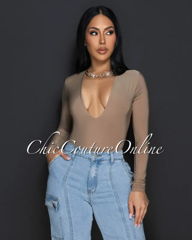 Nilam Mocha Deep V Neck Long Sleeves Bodysuit sold by Chic Couture