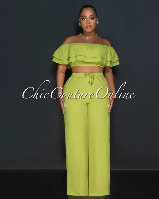 Yuri Olive Green Ruffle Crop Top & Wide Pants Set sold by Chic Couture