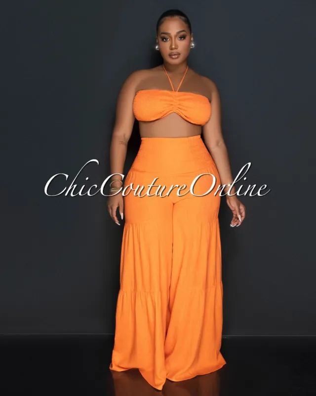 Lula Orange Halter Smocked Crop Top & Linen Wide Pants Set sold by Chic Couture
