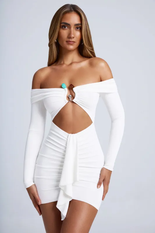 Hardware Detail Off-Shoulder Cut-Out Mini Dress in White sold by Oh Polly