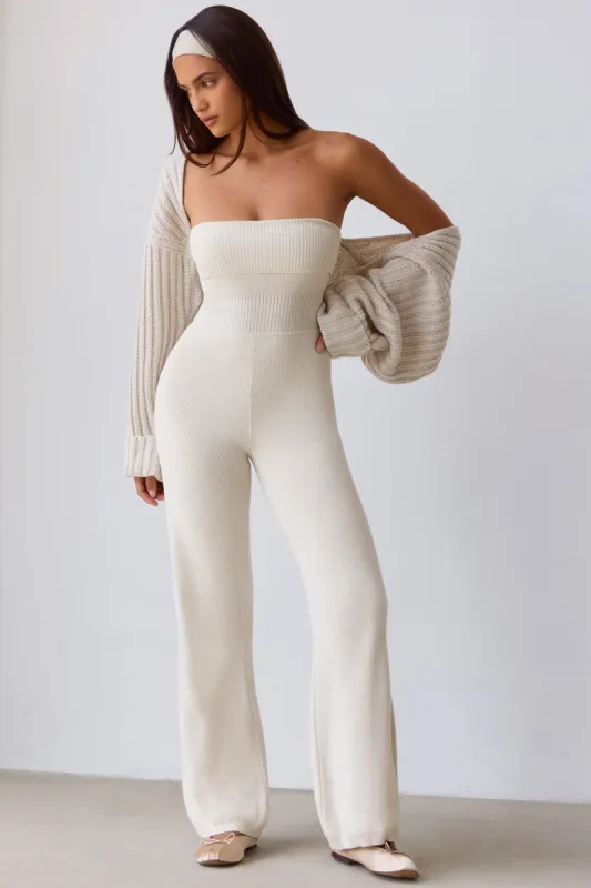 Bandeau Kick Flare Chunky Knit Jumpsuit in Cream sold by Oh Polly