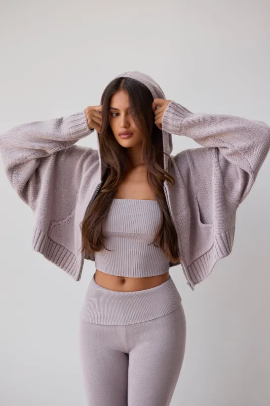 Cropped Zip-Up Chunky Knit Hoodie in Dusty Lavender sold by Oh Polly