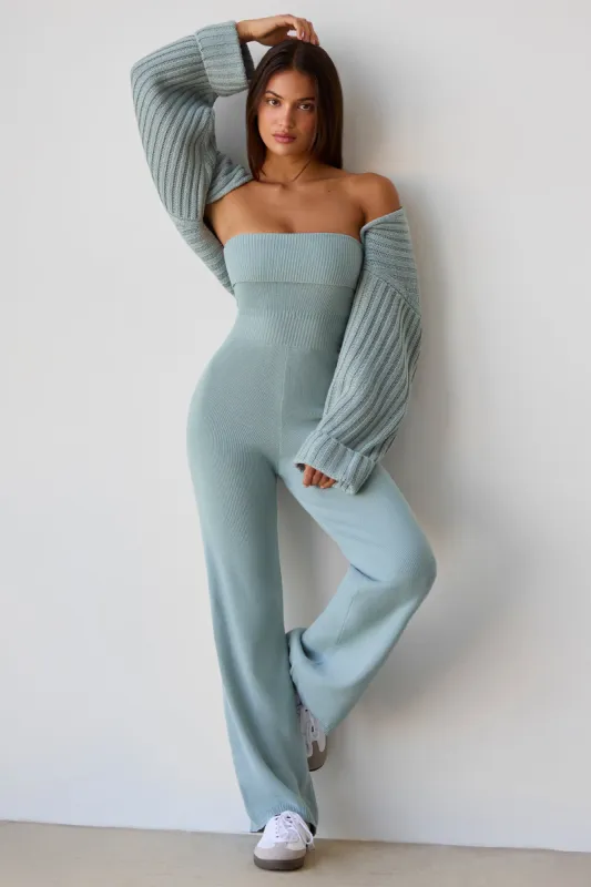 Bandeau Kick Flare Chunky Knit Jumpsuit in Dusty Teal sold by Bo + Tee