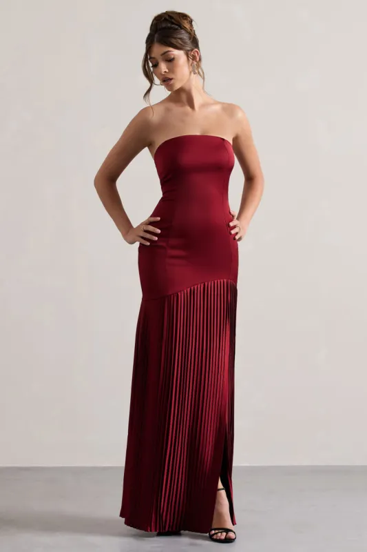 Confidence | Burgundy Satin Bandeau Pleated Split Maxi Dress sold by Club L London
