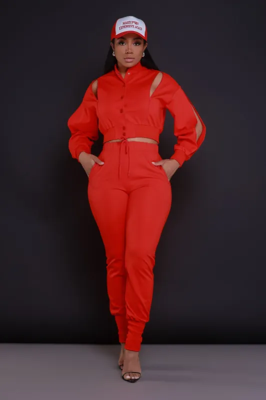 Top Priority Zippered Cropped Jogger Set - Tamale Red sold by Swankaposh