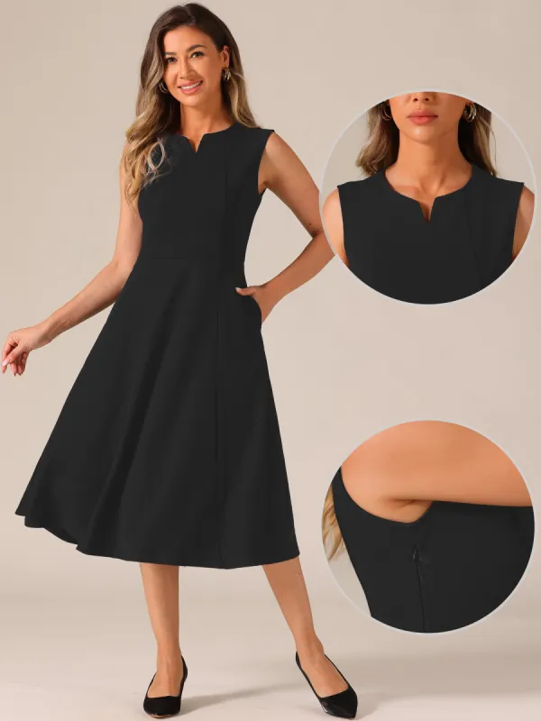 Notch Neck Pocketed Work Office A-Line Midi Dress sold by Allegra K