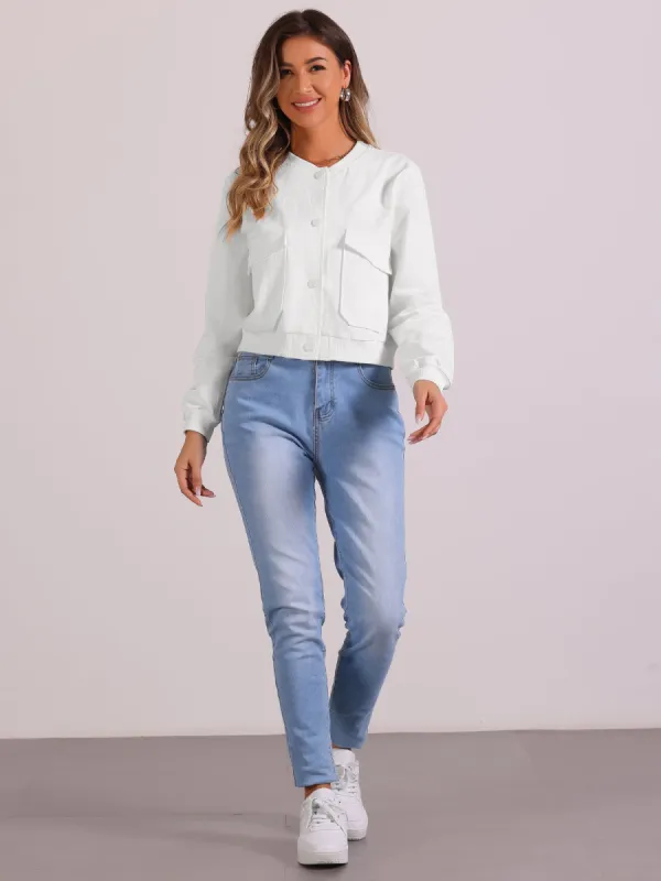 Button Down Biker Moto Bomber Cropped Jacket sold by Allegra K