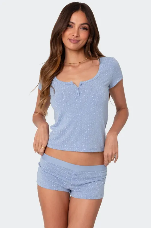 Lorelei Printed Pointelle Henley Top sold by Edikted