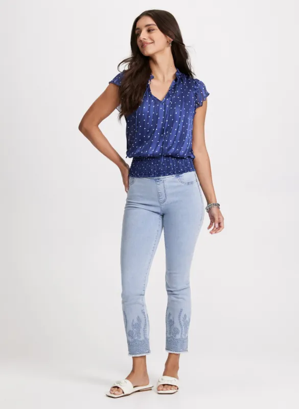 Smocked Polka Dot Blouse & Pull-On Embroidered Hem Jeans sold by Laura