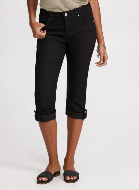 Button & Tab Hem Denim Capris sold by Laura