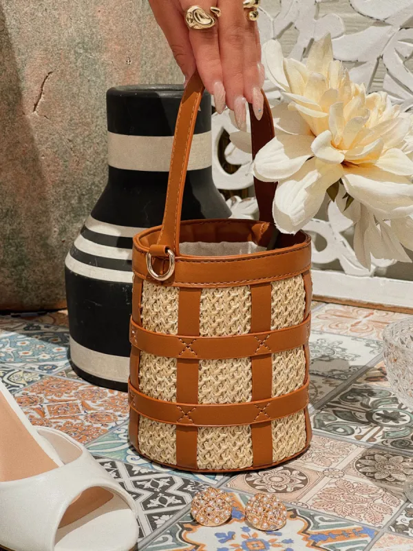 Alesia Woven Top Handle Bag - Tan sold by Miss Lola