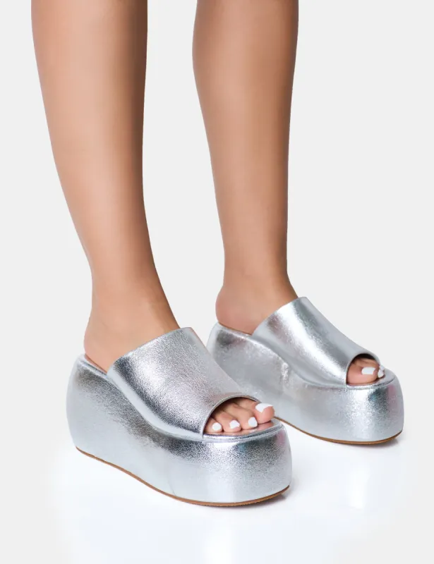 Blue Moon Silver Metallic Chunky Platform Wedge Sandals sold by Public Desire
