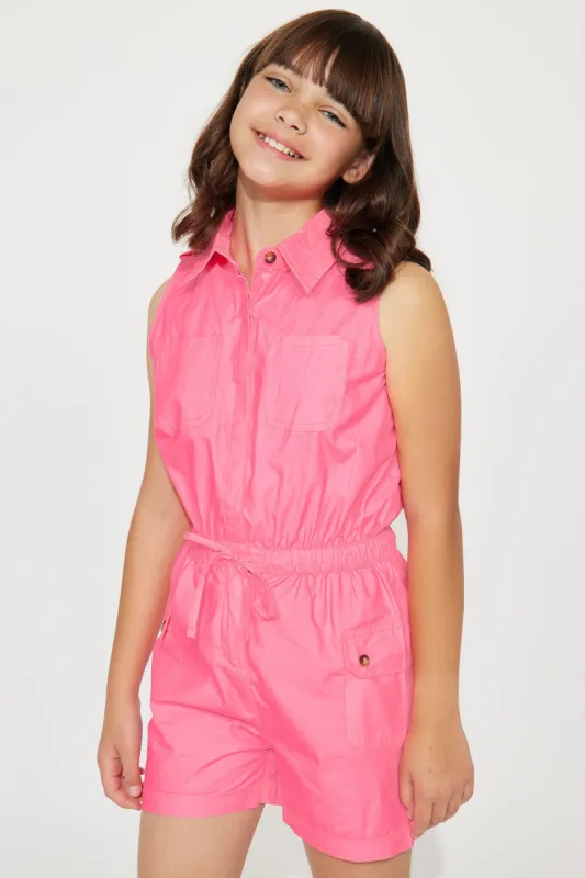 Mini Cargo Poplin Romper - Neon Pink sold by Fashion Nova