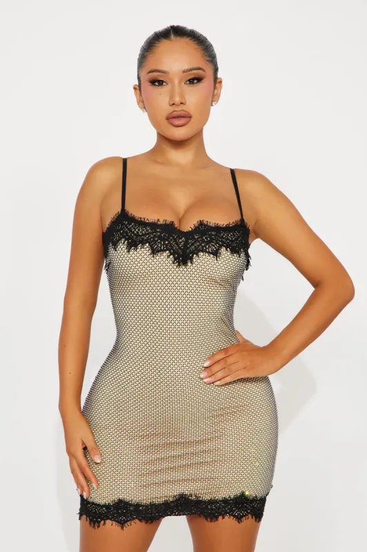 Midnight Glam Rhinestone Mesh Mini Dress - Gold/combo sold by Fashion Nova