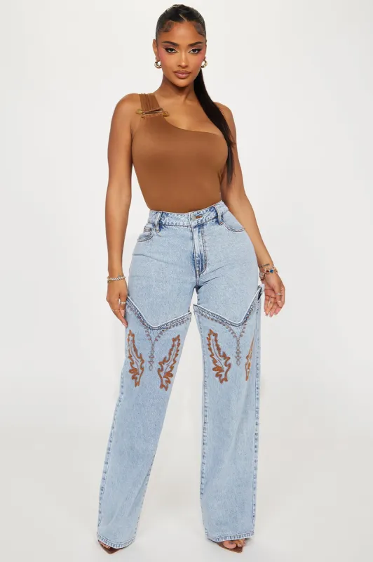 Let's Ride Western Boot Convertible Straight Leg Jeans - Light Wash sold by Fashion Nova