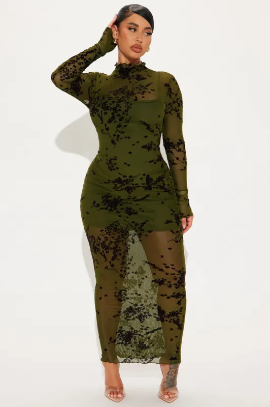 In Full Bloom Mesh Maxi Dress - Olive sold by Fashion Nova
