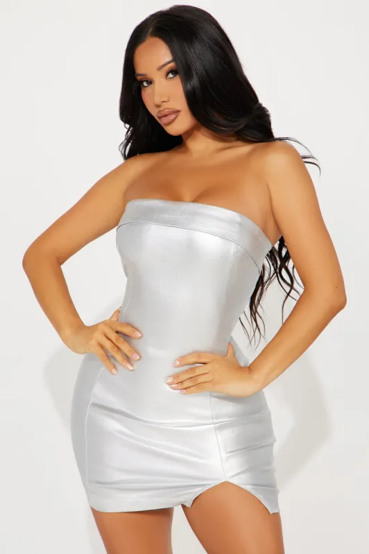 Made To Be Metallic Mini Dress - Silver sold by Fashion Nova