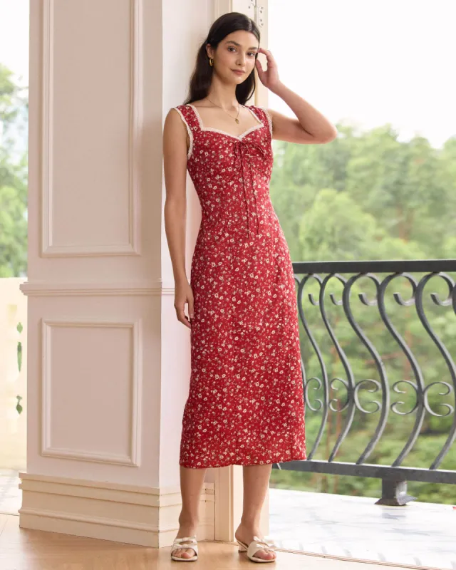 The Red Sweetheart Neck Floral Lace Trim Midi Dress sold by rihoas