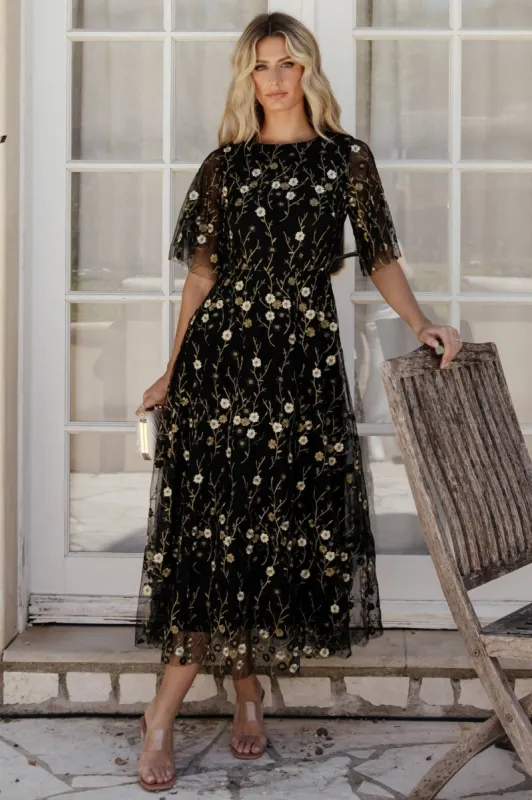 Arabella Embroidered Tulle Maxi Dress | Gold + Black sold by Baltic Born