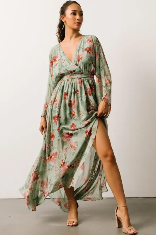 Irene Kimono Maxi Dress | Sage Multi Floral sold by Baltic Born