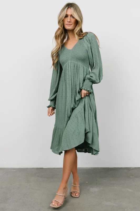 Lainey Smocked Dotted Midi Dress | Dark Sage sold by Baltic Born
