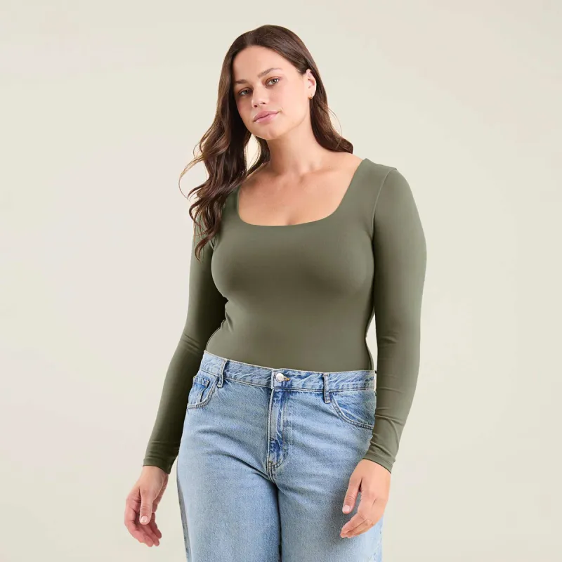 Long Sleeve Square Neck Bodysuit | Olive sold by nuuds