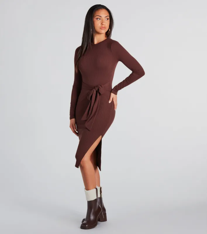 Stylish Staple Tie-Front Ribbed Knit Midi Dress sold by Windsor