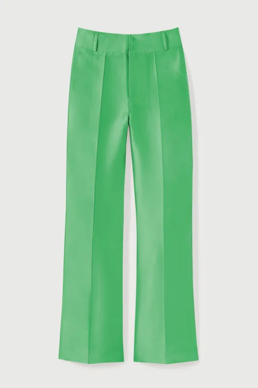 Apple green satin flared pants sold by DESTREE