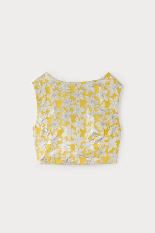 Yellow & blue jacquard crop top sold by DESTREE